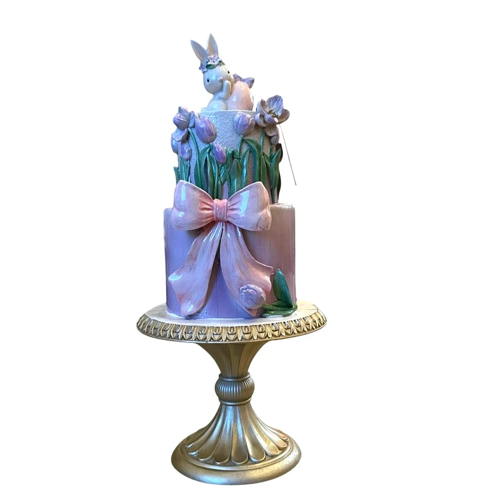 Sweet Treats 20in Pastel Easter Cake On Stand with Bow Tulips & Bunny Topper NEW